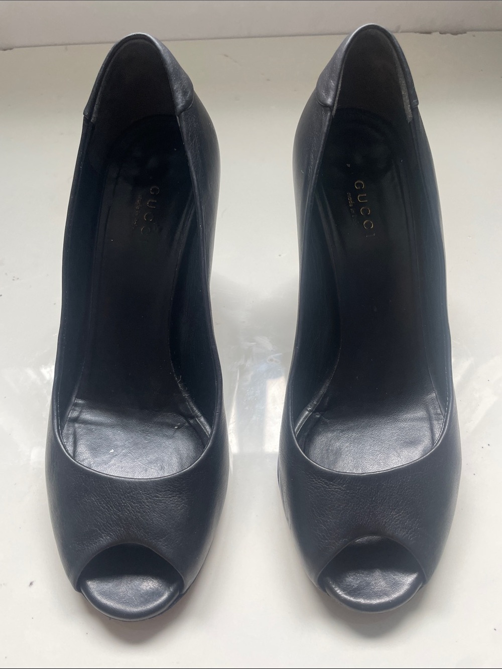 Gucci Black Leather Open-Toe Pumps